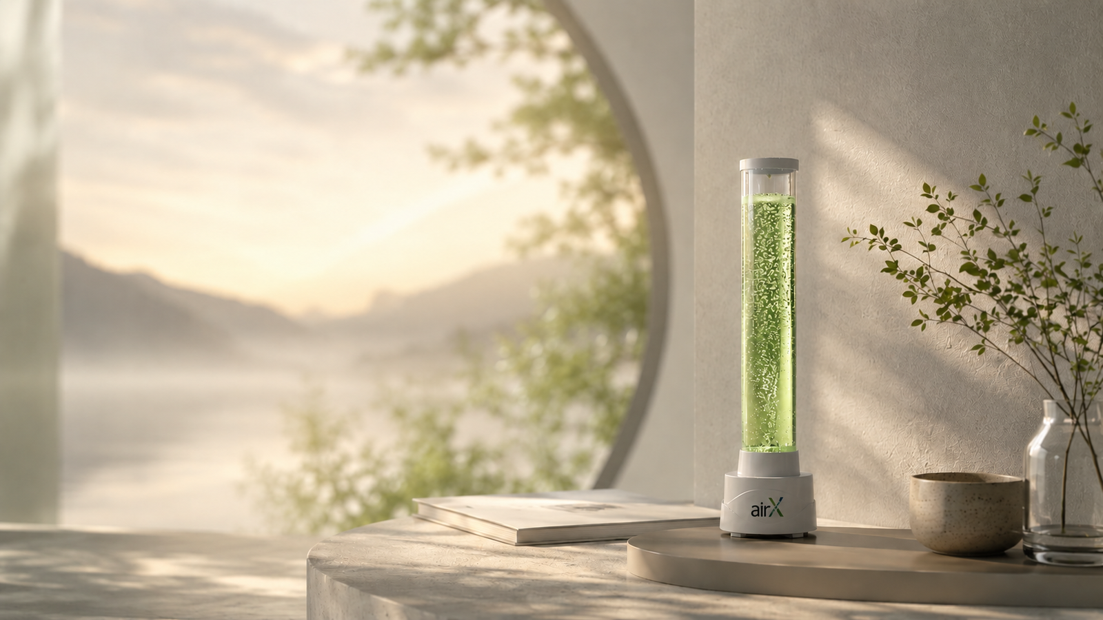 Woman relaxing in peaceful living space with clean air